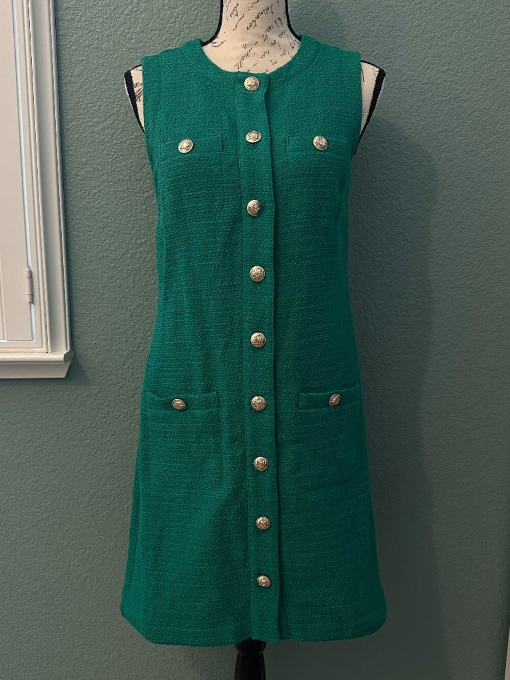 Ann Taylor Emerald Green Tweed Gold Button Shift Dress Size 4